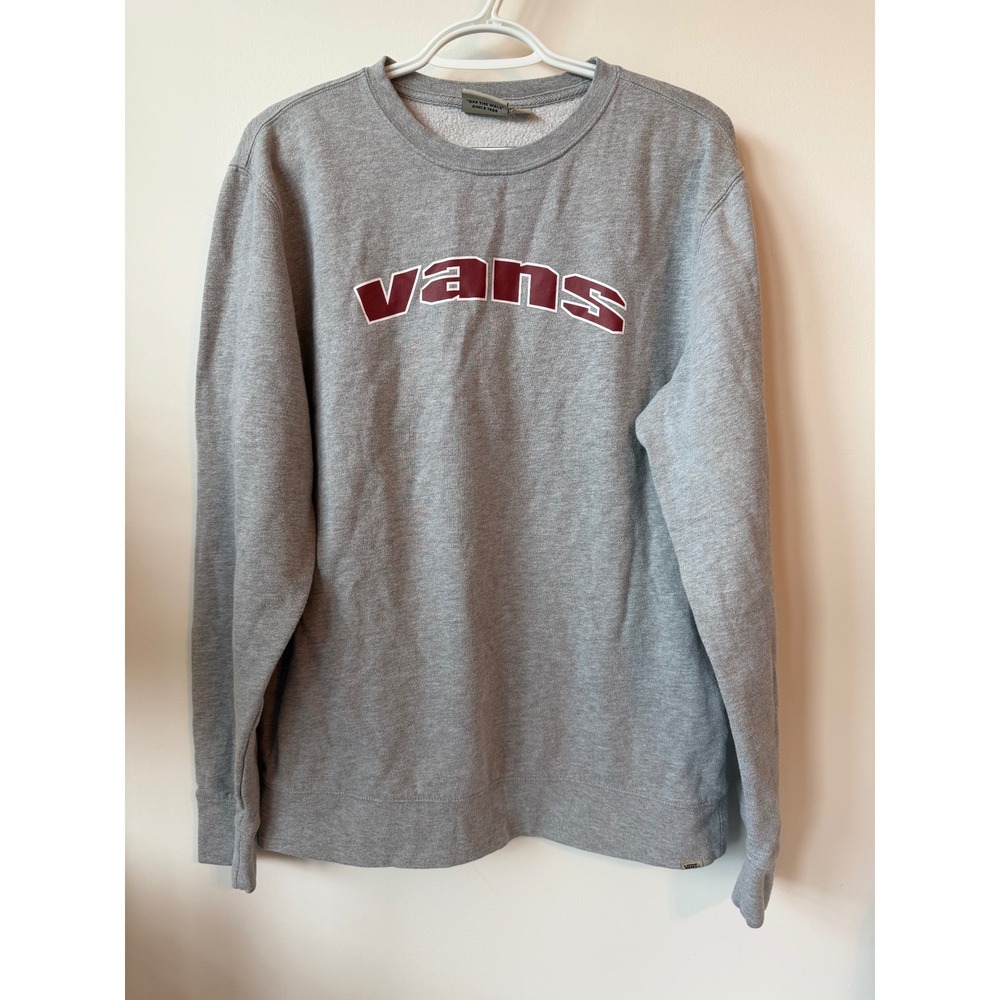 Vans Mens Crewneck Sweatshirt Gray Burgundy Arched Logo Fleece Pullover M